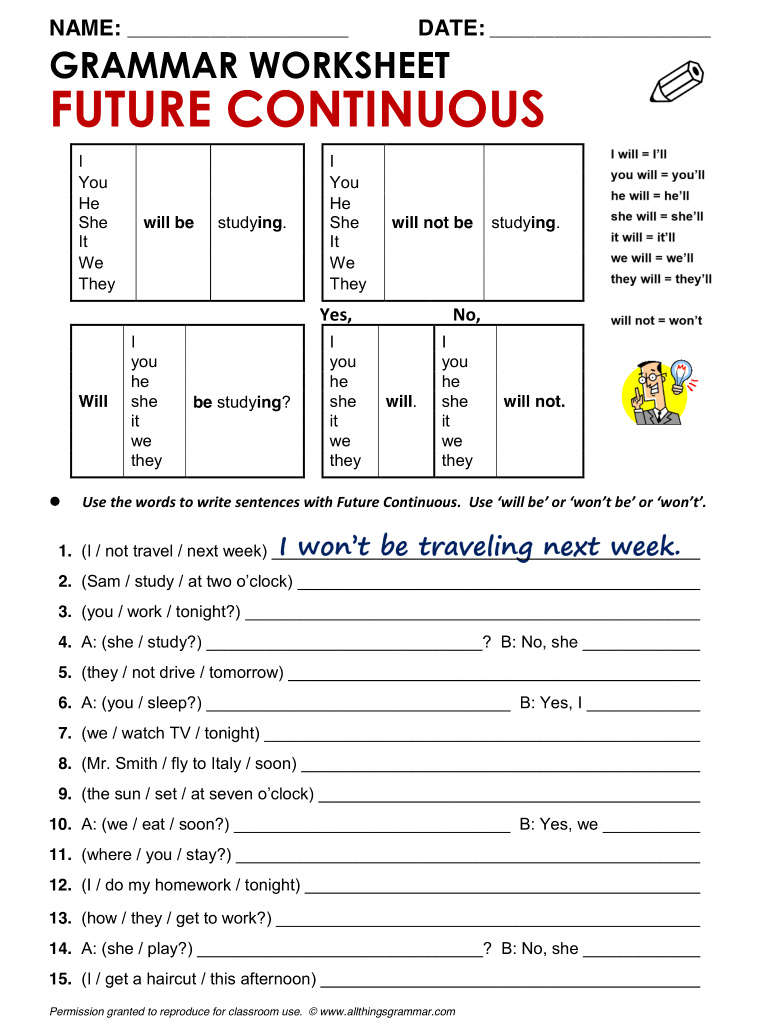 Future Continuous Tense Worksheets Grade 5