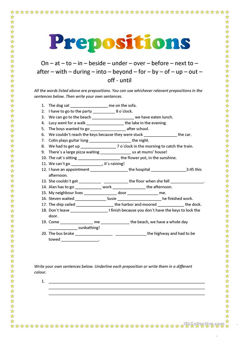 esl preposition worksheets