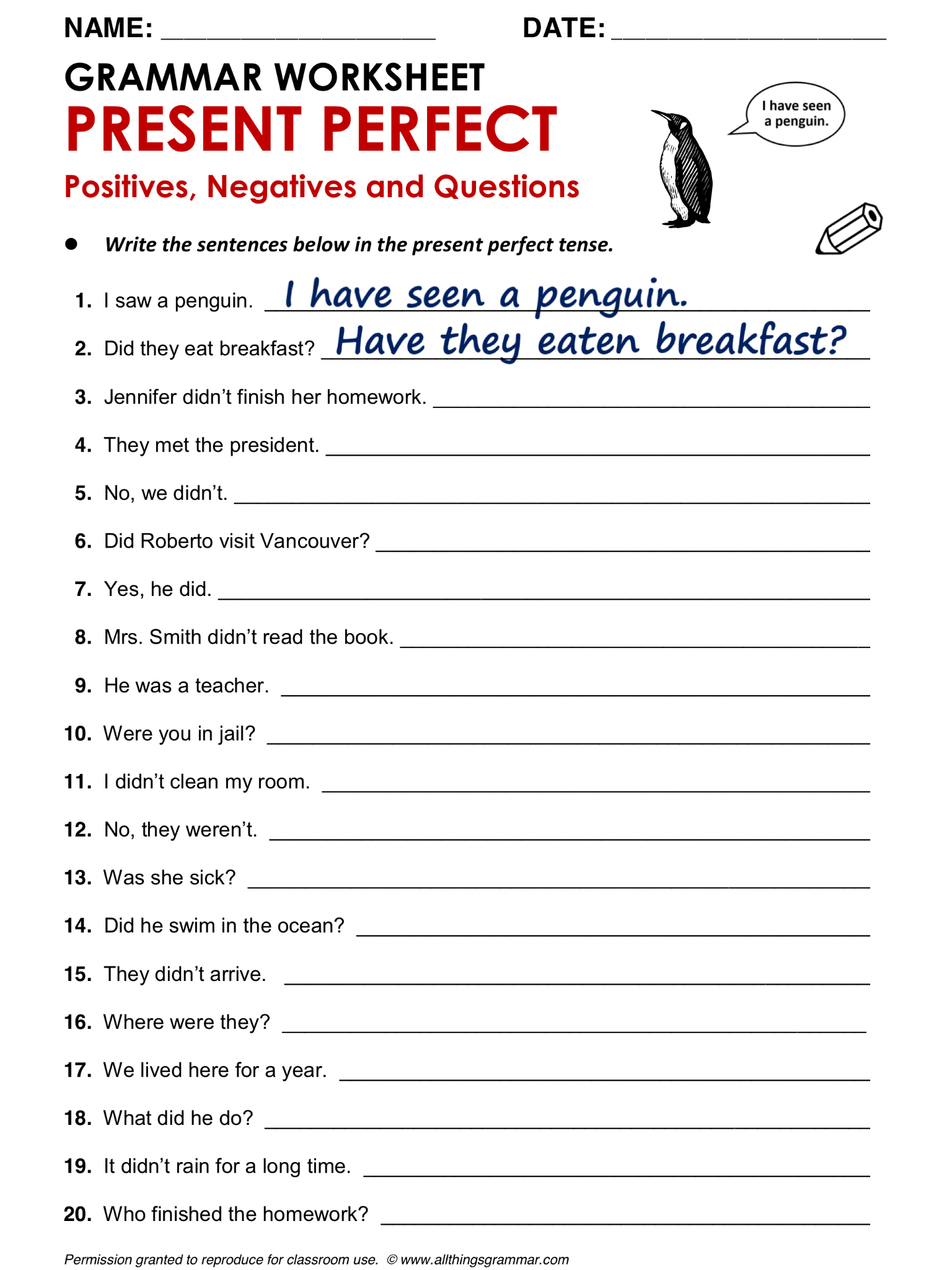 Present Perfect Tense Worksheets For Esl